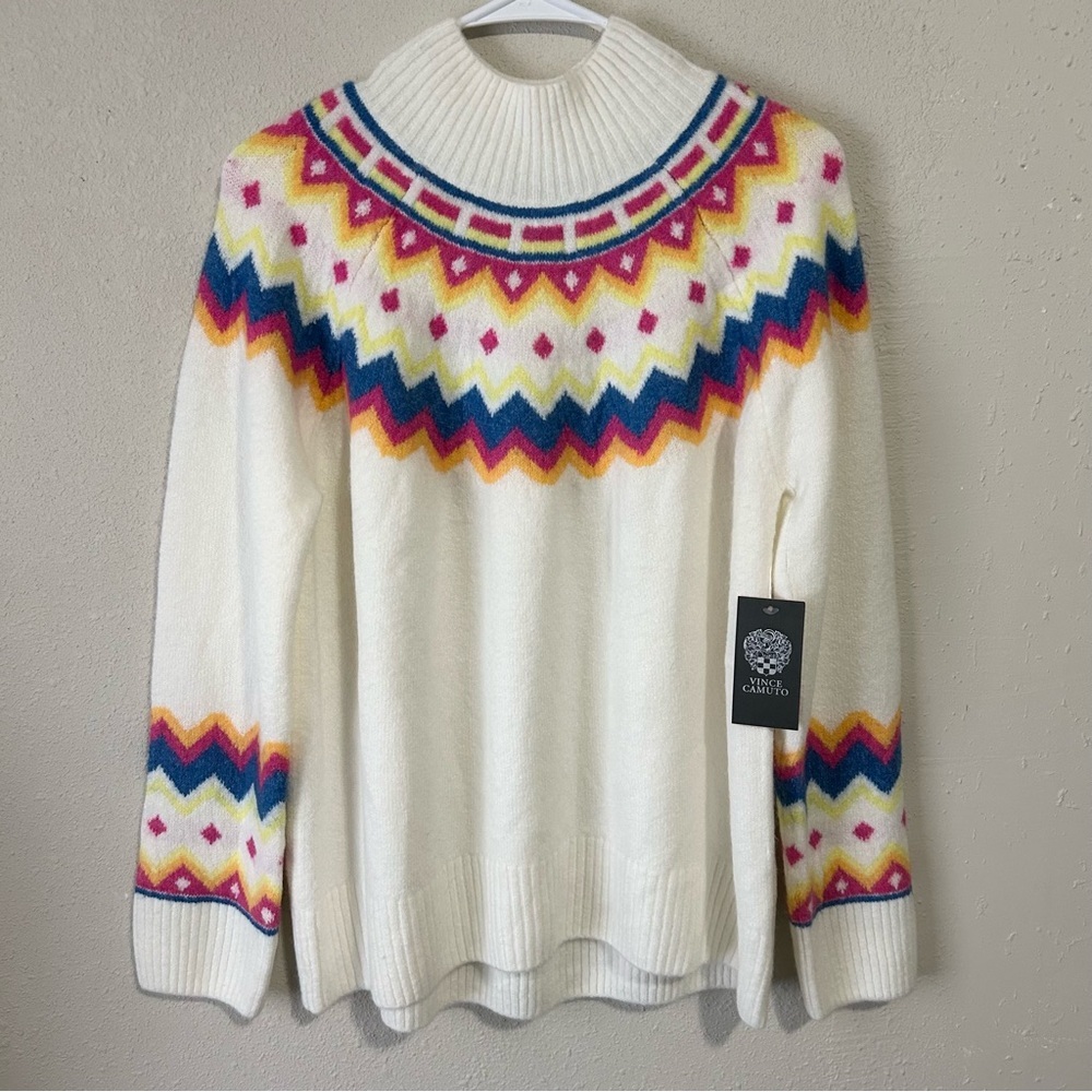 Vince Camuto Soft Cream Multicolor Fair Isle Mock Neck Sweater NWT M